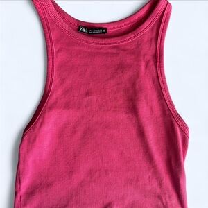 Zara Pink Ribbed High Neck Cropped Tank | Size L
